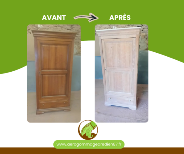 Avant / Après : aérogommage d’une armoire en bois